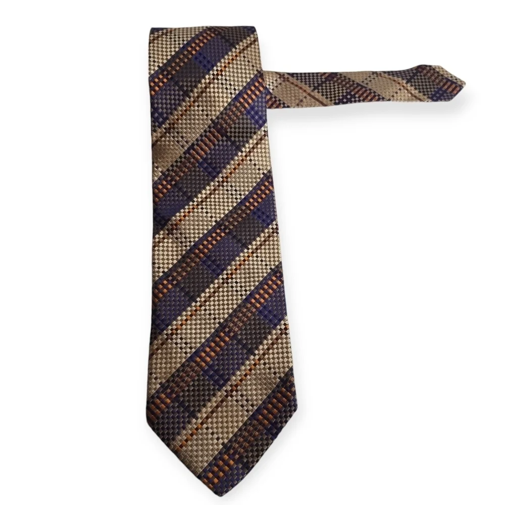 RODA Silk Men's Repp Tie Woven Striped Handmade In Italy Tan Blue 61